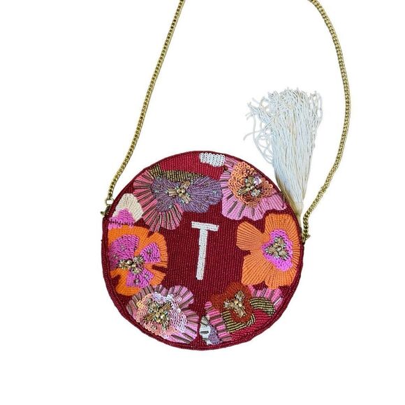 Anthropologie Womens Red Pink Monogram T Embellished Chain Strap Round Pouch - Picture 1 of 9